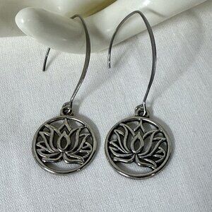 Silver Tone Lotus Flower Dangle Threader Earrings